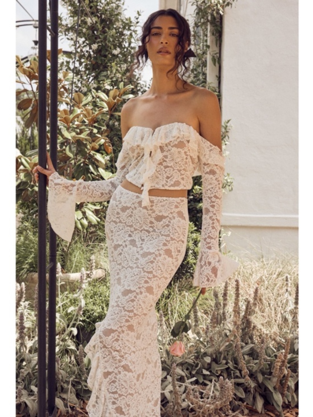 Meshki Artemis Lace Plisse Off Shoulder Top Ivory Lace Size Small